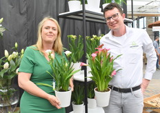Adri Duyvestijn, met de Milano, samen met Daan Vermeer, met de Calla Royal Candy Shop. Beide van Van den Bos Flowerbulbs en presenteerde hun assortiment aan de bezoekers.